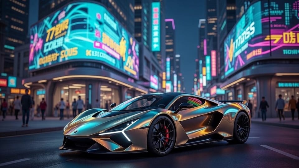 Super-carro, dourado/cromado, futurista, estacionado no meio da estrada numa praça do que aparenta ser uma cidade asiática, dada a língua dos ecrãs que estão nos prédios à sua volta. O ambi